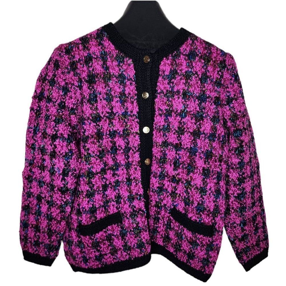 Vintage 80s Peruvian Connection Preppy Cardigan Sweater Womens S Purple Check Br